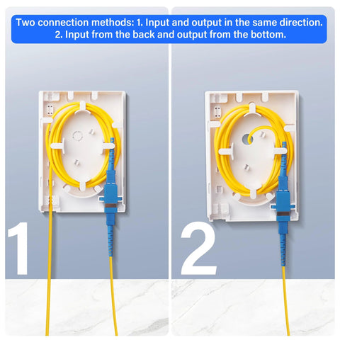 2-port white fiber optic terminal junction box with yellow fiber cables and blue SC/UPC connectors (front view)