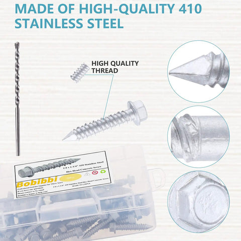 High-quality 410 stainless steel hex head concrete Tapcon screws and drill bit in a kit, 1/4 x 1 1/4 inch size.