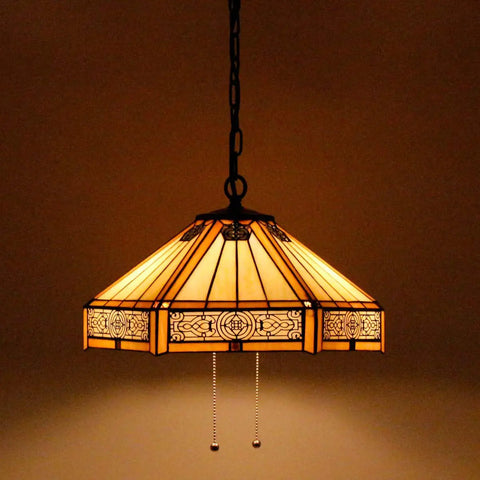 Yellow Hexagon Stained Glass Tiffany Style Pendant Light Fixture With Mission Design Hanging Lamp Wide 16 Inch