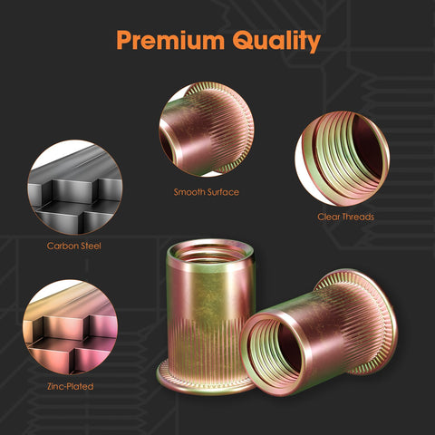 Rivet Nut Assortment Kit 240 Pcs Set With Metric Rivnuts And Threaded Inserts Includes M3 M4 M5 M6 M8 M10 M12 Flat Head Nutserts Zinc Plated