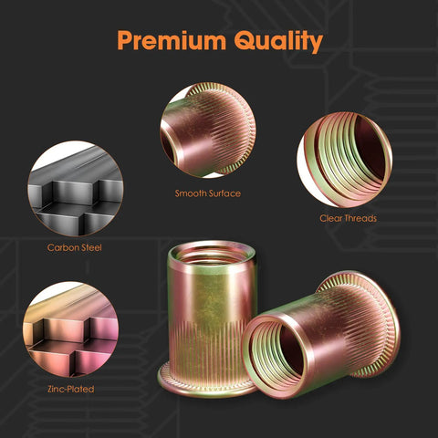 All-in-One Rivet Nut Kit 250-Piece Assortment with smooth surface zinc plated carbon steel rivet nuts