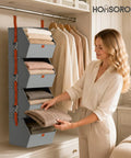 Woman using Hanging Closet Organizer 4 Tier With Detachable Fabric Bins And Collapsible Baskets, No Fuss Space Saving Closet System For Home Dorm RV, Easy Access Open Shelf Design, Gray
