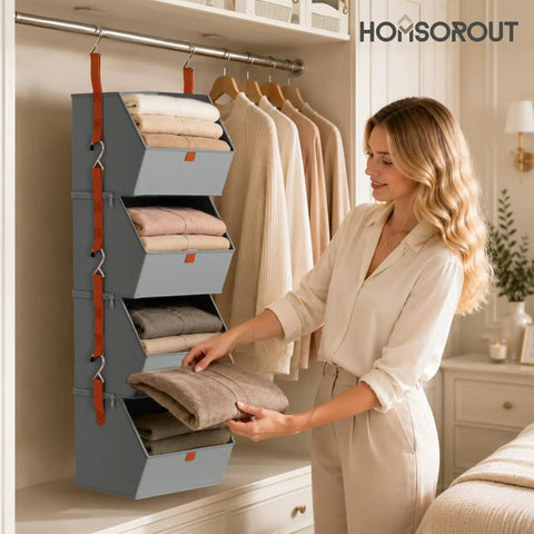 Woman using Hanging Closet Organizer 4 Tier With Detachable Fabric Bins And Collapsible Baskets, No Fuss Space Saving Closet System For Home Dorm RV, Easy Access Open Shelf Design, Gray