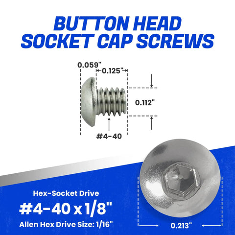 Built Like A Tank 18-8 Stainless Steel Button Head Socket Cap Screws 4-40 X 1/8 Inch showing detailed dimensions and hex drive.