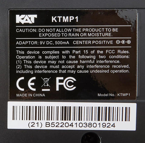 Label on Compact Electronic Drum Pad Sound Module showing compliance and caution details, model KTMP1, made in China.