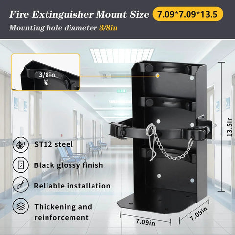 Heavy Duty 20 Lb Fire Extinguisher Bracket Wall Mount Holder For 20 Lb Dry Chemical And 10 Lb CO2 Extinguishers, Steel ST12, in a hospital hallway.