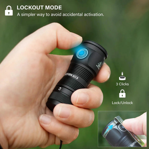 Hand holding Tiny But Mighty EDC Flashlight Rechargeable 1300 Lumens, Pocket Size, highlighting lockout mode feature.