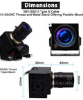Pro Grade USB Camera 1080P Full HD 2MP Industrial Machine Vision with 2.8-12mm Varifocal CS Mount Lens shown in dimensions