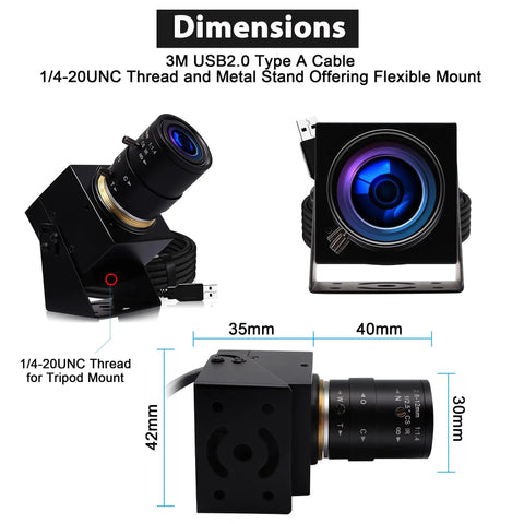 Pro Grade USB Camera 1080P Full HD 2MP Industrial Machine Vision with 2.8-12mm Varifocal CS Mount Lens shown in dimensions