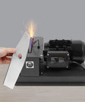 Heavy Duty Bench Mount Lawn Mower Blade Sharpener with 7 Inch Ceramic Grinding Wheel and electric motor in use.