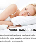 Woman sleeping peacefully using moldable silicone ear plugs for sleeping and travel, noise blocking reusable ear protection.