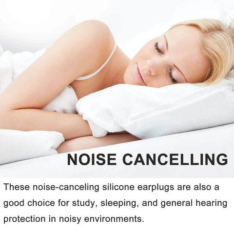 Woman sleeping peacefully using moldable silicone ear plugs for sleeping and travel, noise blocking reusable ear protection.