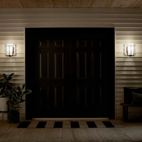Outdoor Wall Light 1 Light Exterior Wall Sconce With A Slick Black Finish And Satin Etched Opal Glass for porch and walkway lighting.