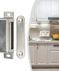 Heavy Duty Magnetic Door Catch 40kg Pull Stainless Steel Cabinet Latch for kitchen cupboard with white cabinets in background