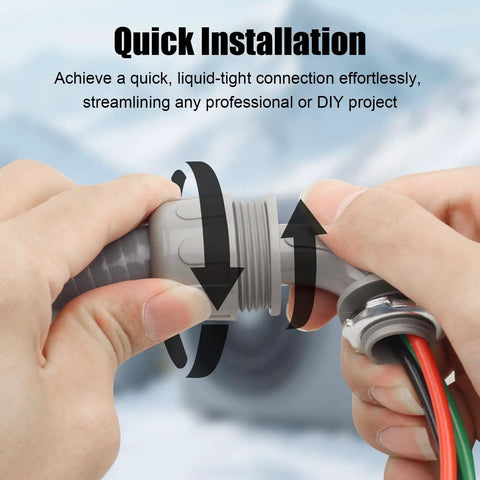Hands installing Half Inch Outdoor Power Whip Kit With Four Foot Liquid Tight Nonmetallic Flexible Conduit And Three Conductors