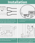 Installation guide for Outdoor Low Voltage Transformer 60W 120V AC to 12V DC with diagrams and steps for landscape lighting setup.