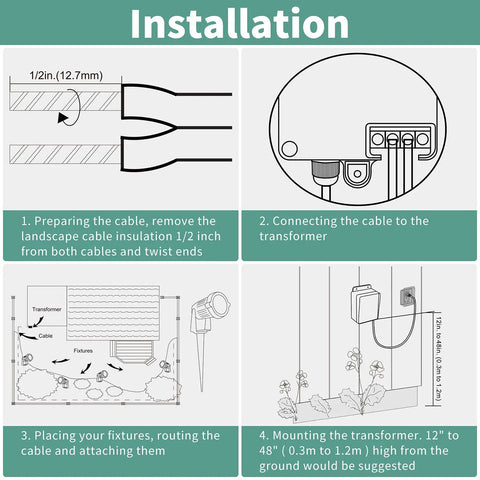 Installation guide for Outdoor Low Voltage Transformer 60W 120V AC to 12V DC with diagrams and steps for landscape lighting setup.