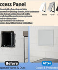 Before and after of 11X16 Inch White Recessed Access Panel Door For Drywall Ceiling, showing exposed wires and clean installation.