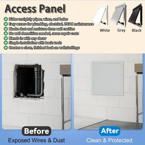 Before and after of 11X16 Inch White Recessed Access Panel Door For Drywall Ceiling, showing exposed wires and clean installation.