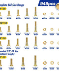 Heavy Duty Grade 8 Zinc Yellow Coated Bolts And Nuts Assortment Kit With Case For Auto Repair And DIY Projects One Quarter Twenty Five Sixteenths Eighteen Three Eighths Sixteen One Half Thirteen Hex Bolts Nuts And Washers Set For Garage Or Shop Use, 949pcs sizes