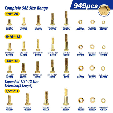 Heavy Duty Grade 8 Zinc Yellow Coated Bolts And Nuts Assortment Kit With Case For Auto Repair And DIY Projects One Quarter Twenty Five Sixteenths Eighteen Three Eighths Sixteen One Half Thirteen Hex Bolts Nuts And Washers Set For Garage Or Shop Use, 949pcs sizes