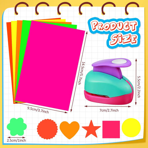 36 Piece Craft Hole Punch Shapes With Colorful Sticker Paper For Scrapbooking Easy To Use 1 Inch Paper Punchers Set shown with size chart