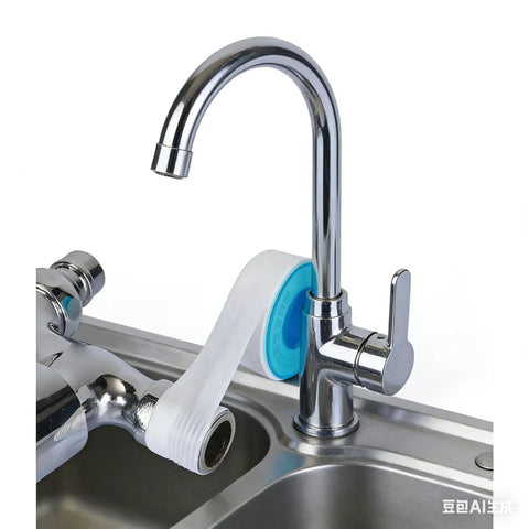 Four Roll One Half Inch By 520 Inch PTFE Plumber Tape Set For Shower Heads And Plumbing Threads LeakProof Sealant installed on faucet.