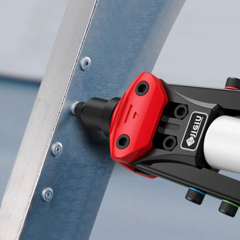 Boss Level Heavy Duty Manual Pop Rivet Gun Kit Featuring 200 Rugged Aluminum Rivets Plus Five Swap Out Nozzles, close-up on rivet application.