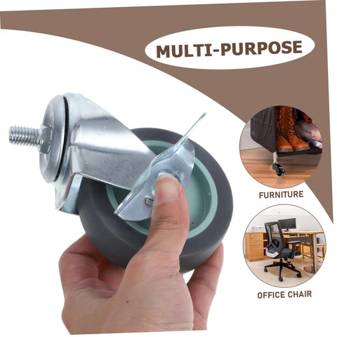 Hella Durable Smooth Operator Four Piece Heavy Duty Swivel Caster Wheels With Threaded Stem Attachment and Secure Lockable Brakes, gray wheel held in hand.