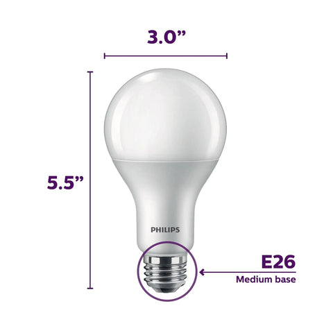 Frosted LED A21 Bulbs With Flicker Free Dimming And Eye Comfort Technology For A Cozy Glow, 2610 Lumens, E26 Base, Size Dimensions Shown