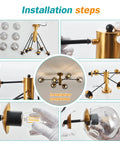 Installation steps for 6-Light Sputnik Gold Ceiling Light Fixture With Glass Globe, Semi-Flush Mount, Mid-Century Chandelier shown