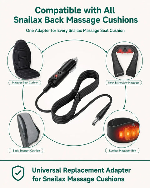 Heavy Duty 12V Car Adapter For Back Massage Seat Cushion connecting to various Snailax massagers with a black cable.