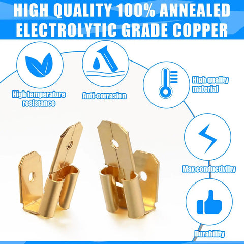 50 Pcs Piggyback Spade Connectors Kit, 3-Way Adapter Dual Male to Single Female Brass Quick Splice Spade Terminal Connectors on white background
