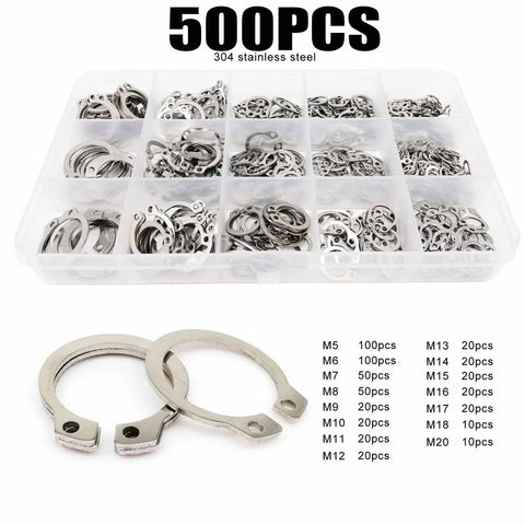 Bulk Assorted Snap Ring Kit M5 To M20 External Snap Rings For Shafts And Bearings Stainless Steel 65Mn Black Finish C Type External Circlip 500 pieces