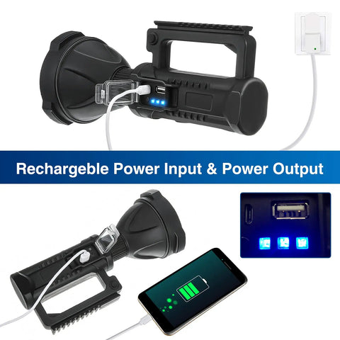 Go To Beast Mode 100000 Lumen Spotlight Flashlight With Tripod IPX5 Waterproof Handheld Search Light charging a phone