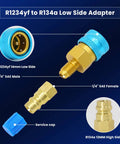 R1234YF to R134A Quick Coupler Adapter Kit for Auto AC Systems, blue and brass low side adapter with 6 ball lock seals