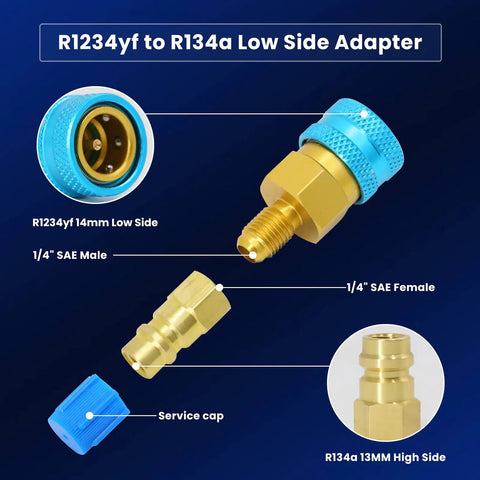 R1234YF to R134A Quick Coupler Adapter Kit for Auto AC Systems, blue and brass low side adapter with 6 ball lock seals