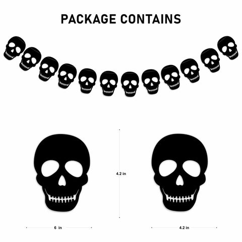 Bold Black Skull Garland Decorations For Halloween And Gothic Parties Edgy Horror Banner Decor Perfect For Haunted Houses Pirate Themed Nights Rock And Metal Venues Dark Aesthetic Events, showing skull dimensions 6x4.2 inches.