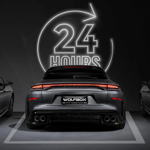 Nighttime view of a car in a parking space, illuminated by '24 hours' neon sign, Usb C 4A Hardwire Kit 11.48ft for dash cams use.
