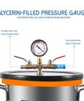 Front view of 3-gallon stainless steel vacuum chamber with brass valve manifold, pressure gauge, and orange lid gasket.