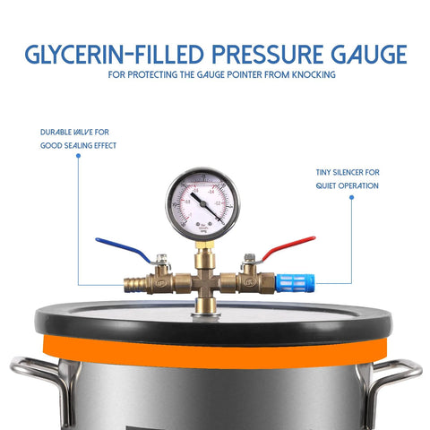 Front view of 3-gallon stainless steel vacuum chamber with brass valve manifold, pressure gauge, and orange lid gasket.