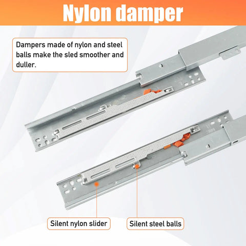Full Extension Undermount Drawer Slides With Smooth As Butter Soft Close Action featuring nylon damper and steel ball components.