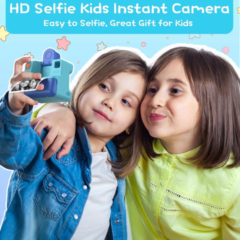 Kids Instant Print Camera For Totally Fun Photos Gift For Boys And Girls Ages 3 To 12 FHD Selfie Video Camera Includes 3 Print Paper Rolls And 32GB Card Blue Lanyard USB C Cable Easy To Use And Kid Approved Creative Fun, kids posing
