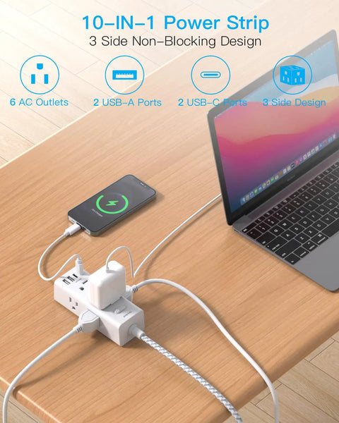 Ultimate Desktop Power Strip With 6 Outlets And 4 USB Ports Including 2 USB C Fast Charge Ports connected to laptop and phone