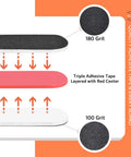 Cross-section of a Professional Nail File Kit with six 100 to 180 grit nail files showing adhesive layers and red center.