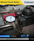Dial Indicator Lathe Tool Post Holder With.0005 Inch Precision installed on lathe, showing quick CNC alignment setup for chucks.