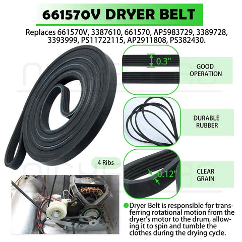 Master Grade Dryer Repair Kit Compatible With Whirlpool And Kenmore Featuring Solid Drum Rollers Idler Pulleys And Heavy Duty Drive Belt Zero Sweat Diy Setup, durable rubber dryer belt with 4 ribs.