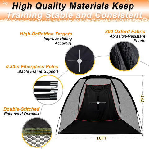 Diagram of a Backyard Golf Hitting Net 10x7 Feet with Silent Velvet Target, featuring fiberglass frame and durable materials.