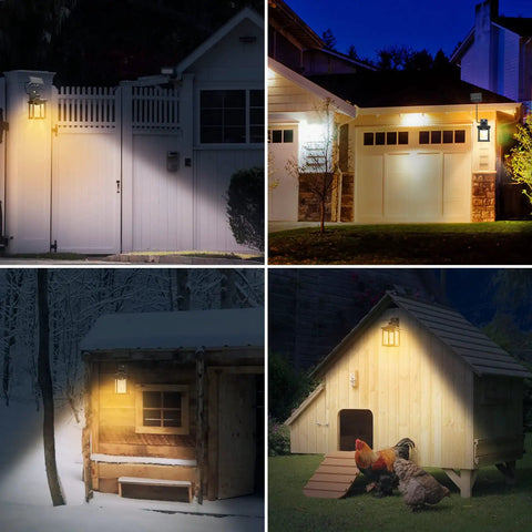 Solar Powered Outdoor Light With Motion Sensor And Dual E26 Bulbs illuminating gate, garage, snowy cabin, and chicken coop at night