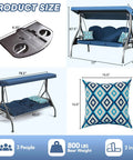 Three Seat Outdoor Porch Swing With Stand 800 Lb Capacity 2 In 1 Convertible Swing Bed With Adjustable Canopy And Removable Cushions